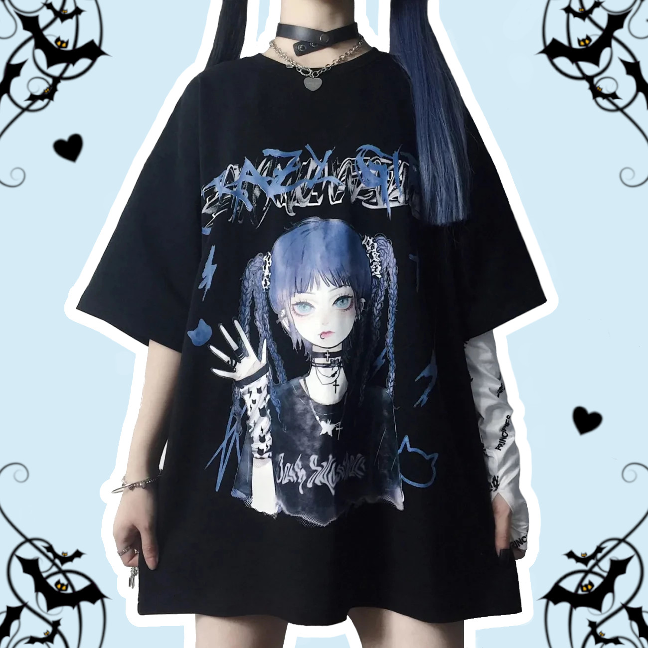 Azumi Pastel Goth Black Printed Anime Loose T-Shirt – alternate view