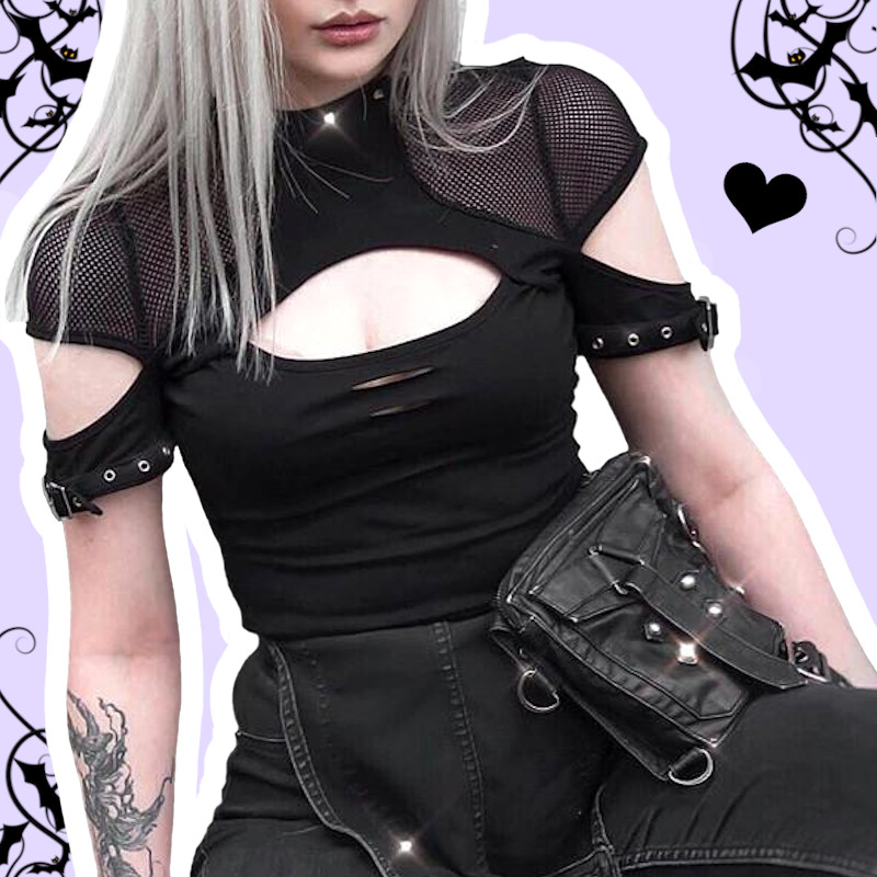 Arwen Pastel Goth Black Keyhole Neckline Cut-Out Fishnet Top
