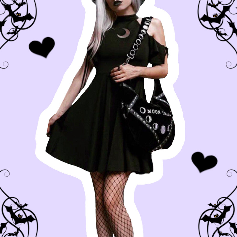 Moon Child Magic Pastel Goth Black Pleated Mini Dress