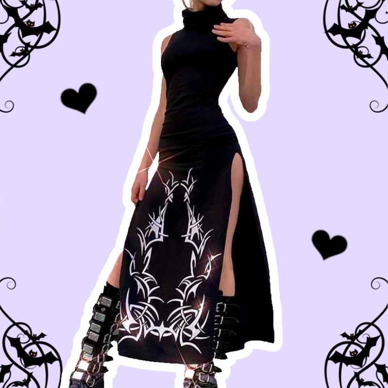 Athena Warrior Pastel Goth Black Slits Printed Long Dress – alternate view