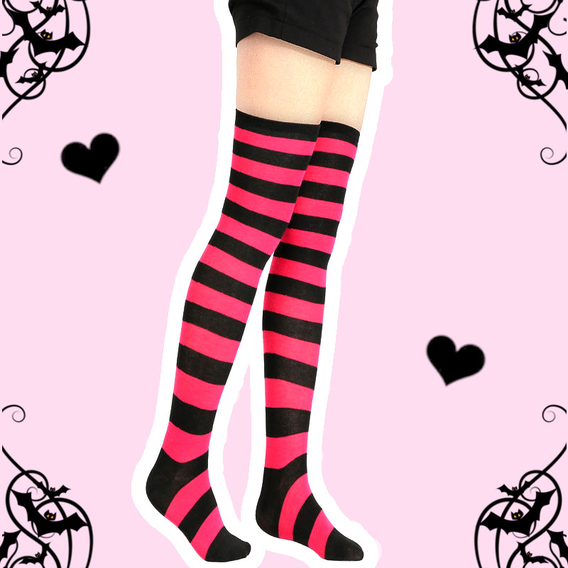 Alice Dream Pastel Goth Black Pink Striped Stockings