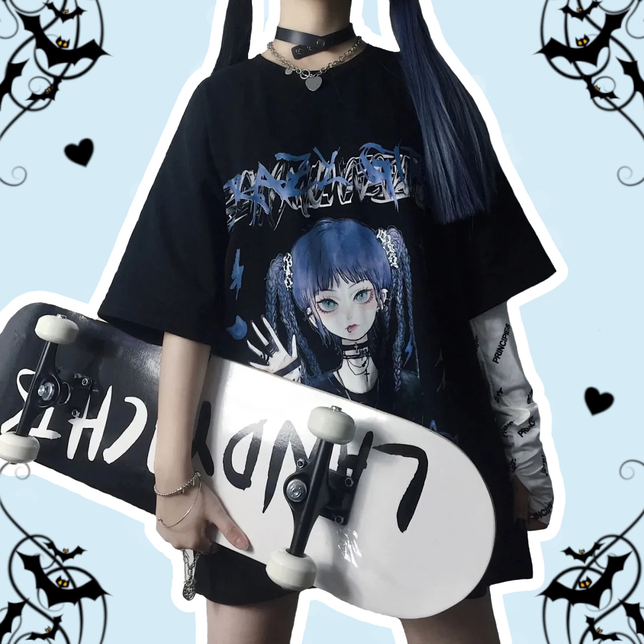 Azumi Pastel Goth Black Printed Anime Loose T-Shirt