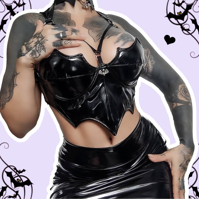 Bat Girl Pastel Goth Black Pu Leather Halter Crop Top