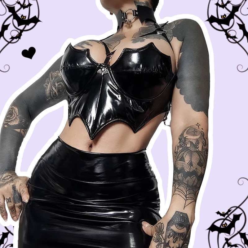 Bat Girl Pastel Goth Black Pu Leather Halter Crop Top – alternate view