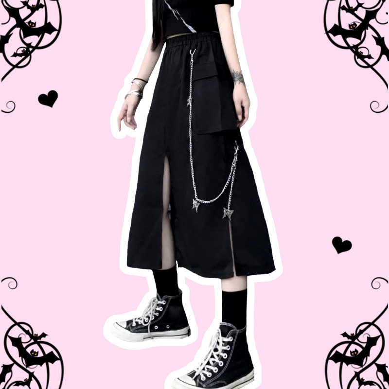 Brenda Future Pastel Goth Black Two Slits Long Skirt – alternate view