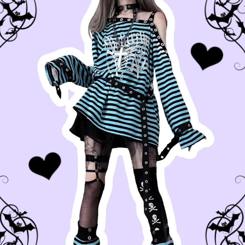 Butterfly Chaos Pastel Goth Black & Blue Striped Printed Loose Top