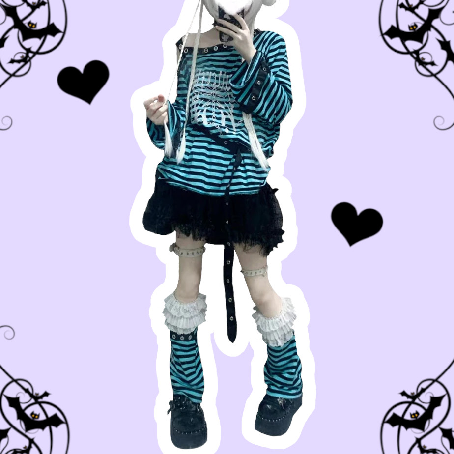 Butterfly Chaos Pastel Goth Black & Blue Striped Printed Loose Top – alternate view