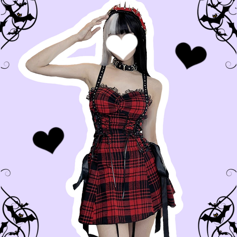 Caged Heart Pastel Goth Black & Red Plaid Lace-Up Ribbon Bow Mini Dress