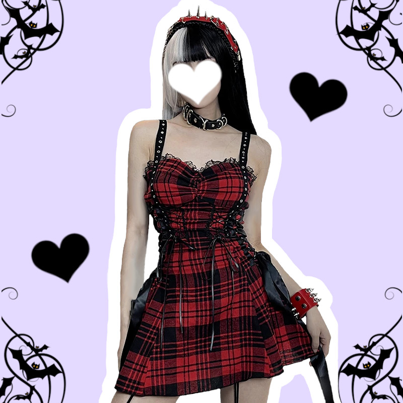 Caged Heart Pastel Goth Black & Red Plaid Lace-Up Ribbon Bow Mini Dress – alternate view