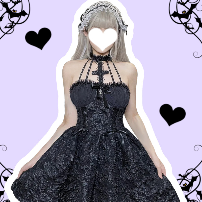 Dark Cross Pastel Goth Black High Waisted Lace-ups Halter Mini Dress