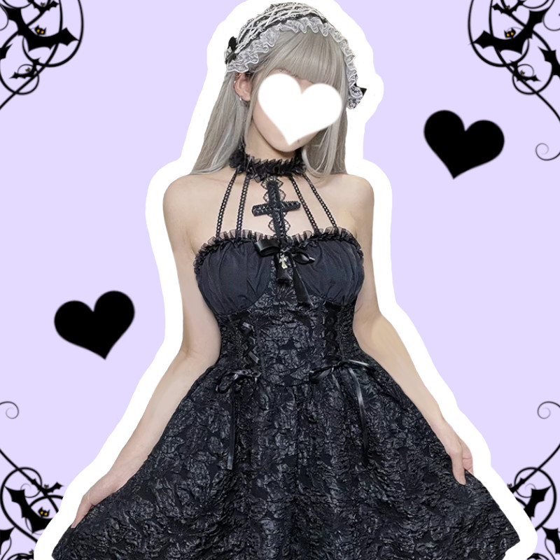 Dark Cross Pastel Goth Black High Waisted Lace-ups Halter Mini Dress – alternate view