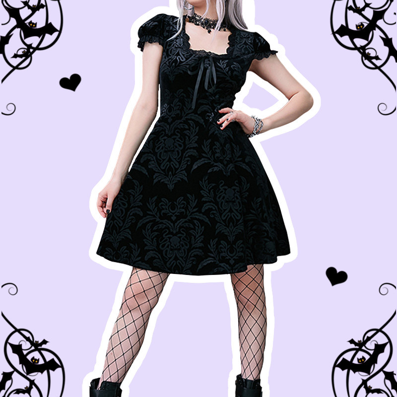 Eirisse Pastel Goth Black Velvet Printed Mini Dress