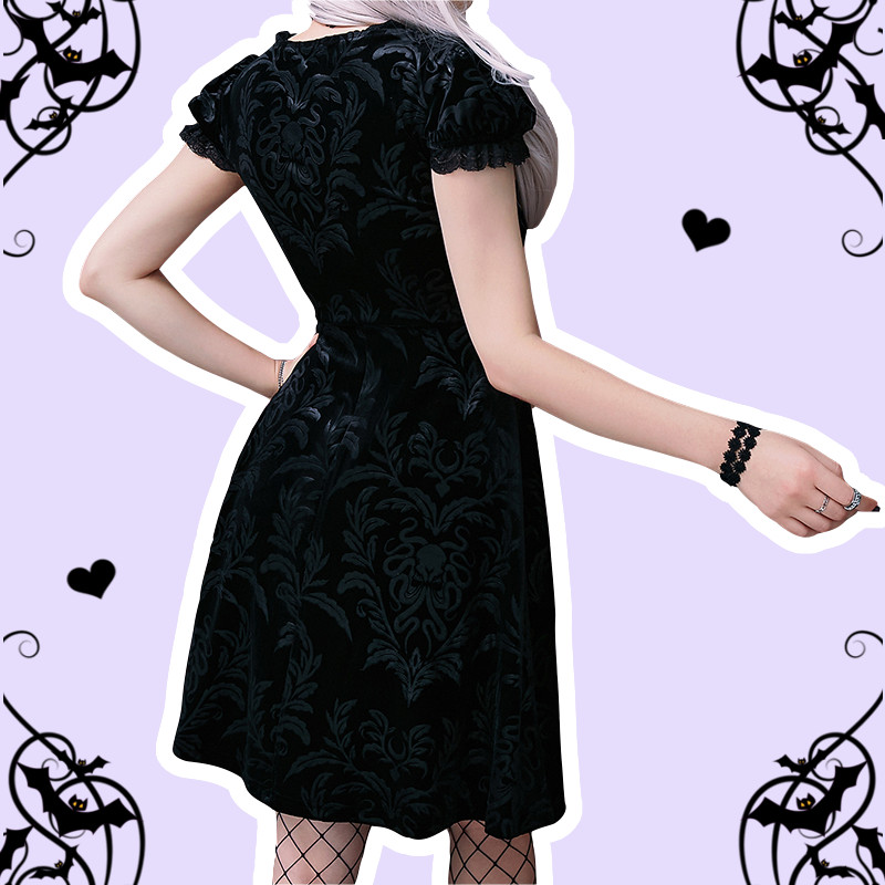 Eirisse Pastel Goth Black Velvet Printed Mini Dress – alternate view