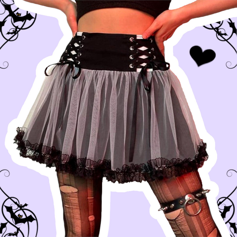 Emily Pastel Goth Black & White Lace Up Wavy Mini Skirt