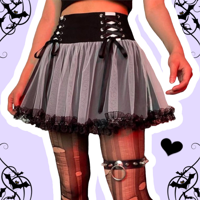 Emily Pastel Goth Black & White Lace Up Wavy Mini Skirt – alternate view