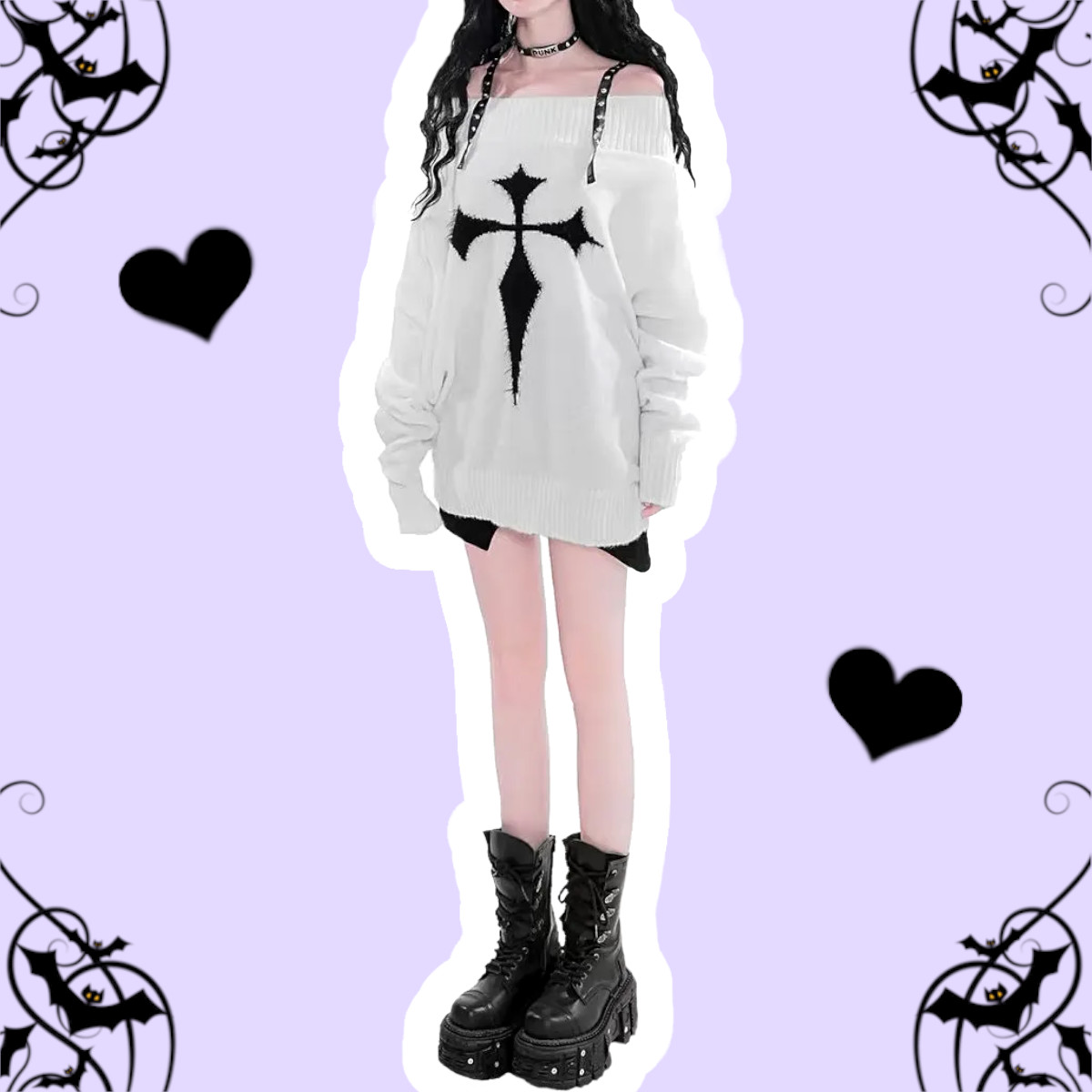Magical Cross Pastel Goth White & Black Off Shoulder Loose Knitted Sweater – alternate view