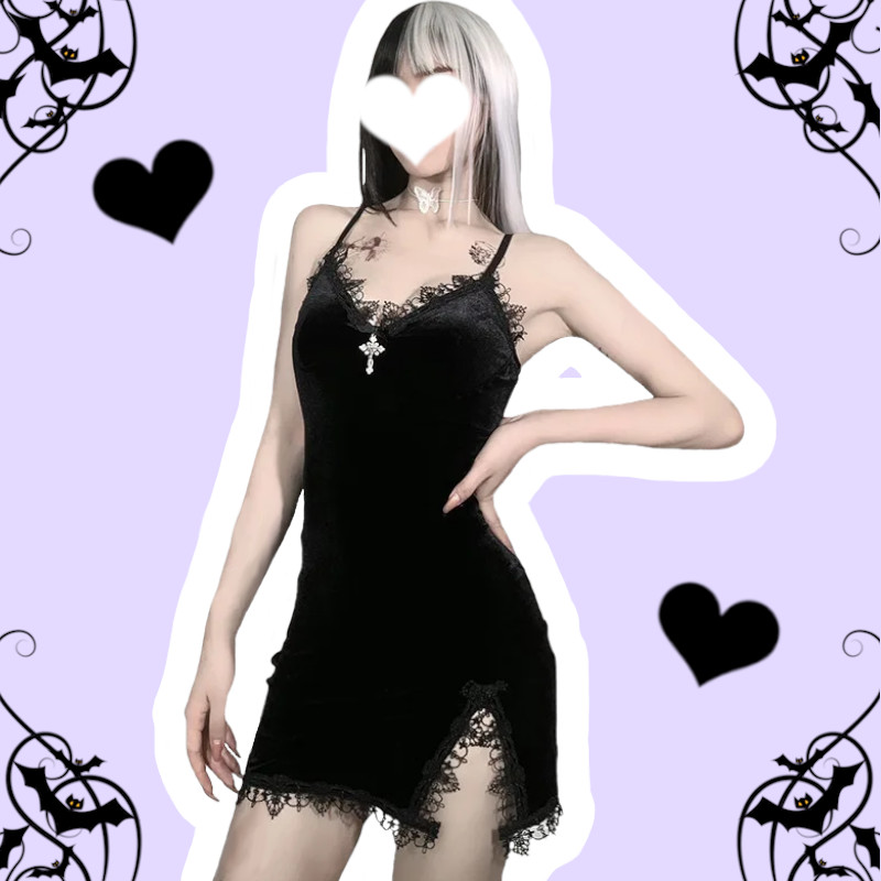 Midnight Cross Pastel Goth Black Velvet Lace Trim Mini Dress