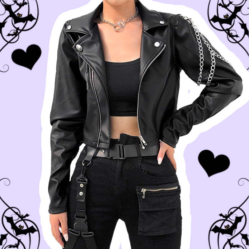 Rachel Pastel Goth Black Vegan Leather Cropped Jacket