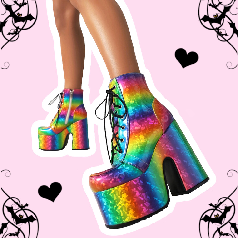 Rainbow Joy Pastel Goth Multicolor Ankle Platform Heels Boots