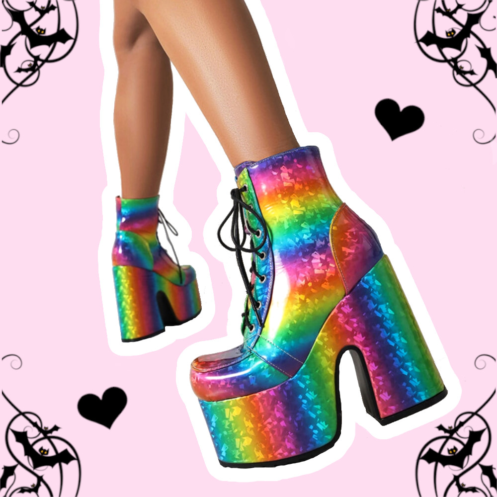 Rainbow Joy Pastel Goth Multicolor Ankle Platform Heels Boots – alternate view