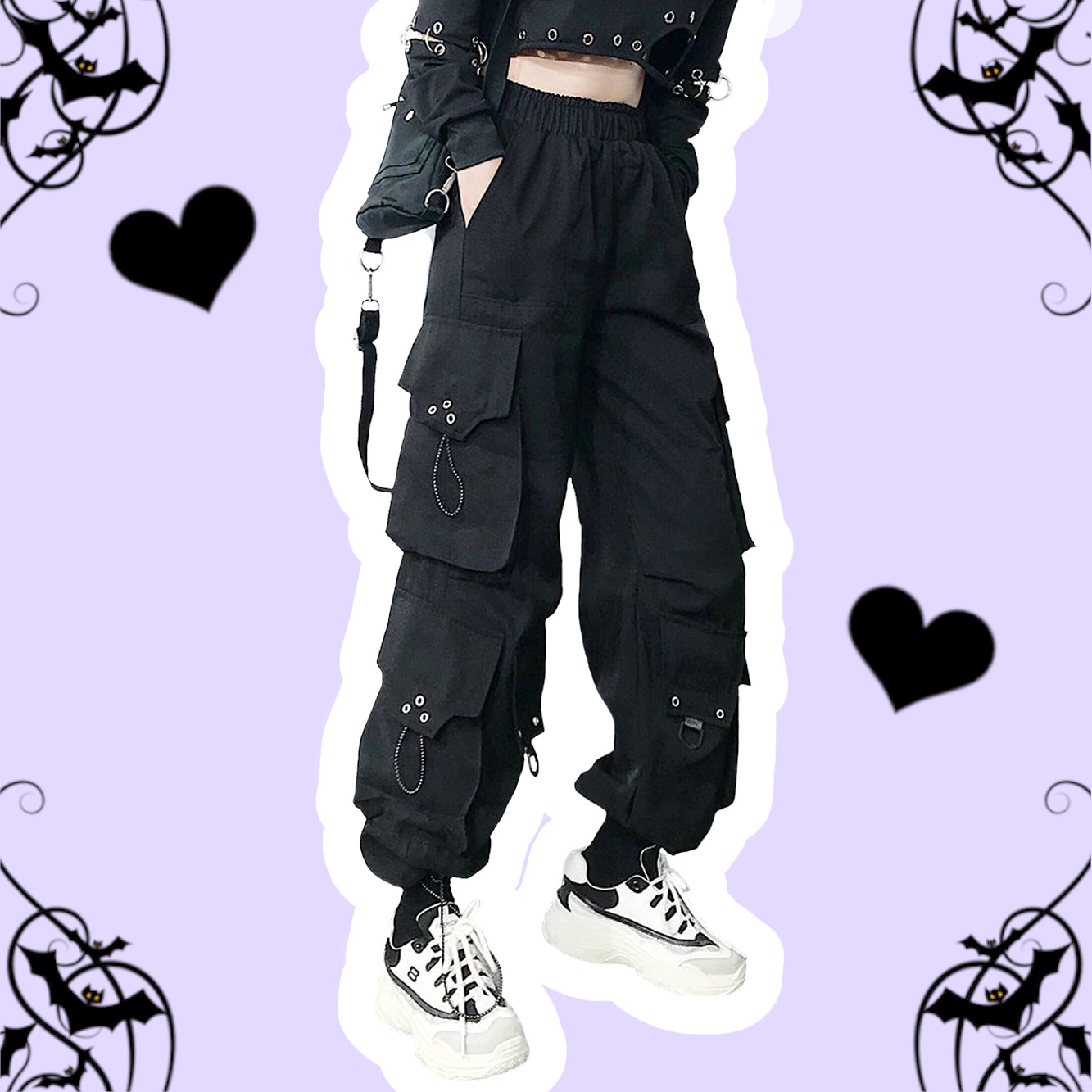 Rebel Warrior Pastel Goth Black High Waisted Chains Pockets Cargo Pants
