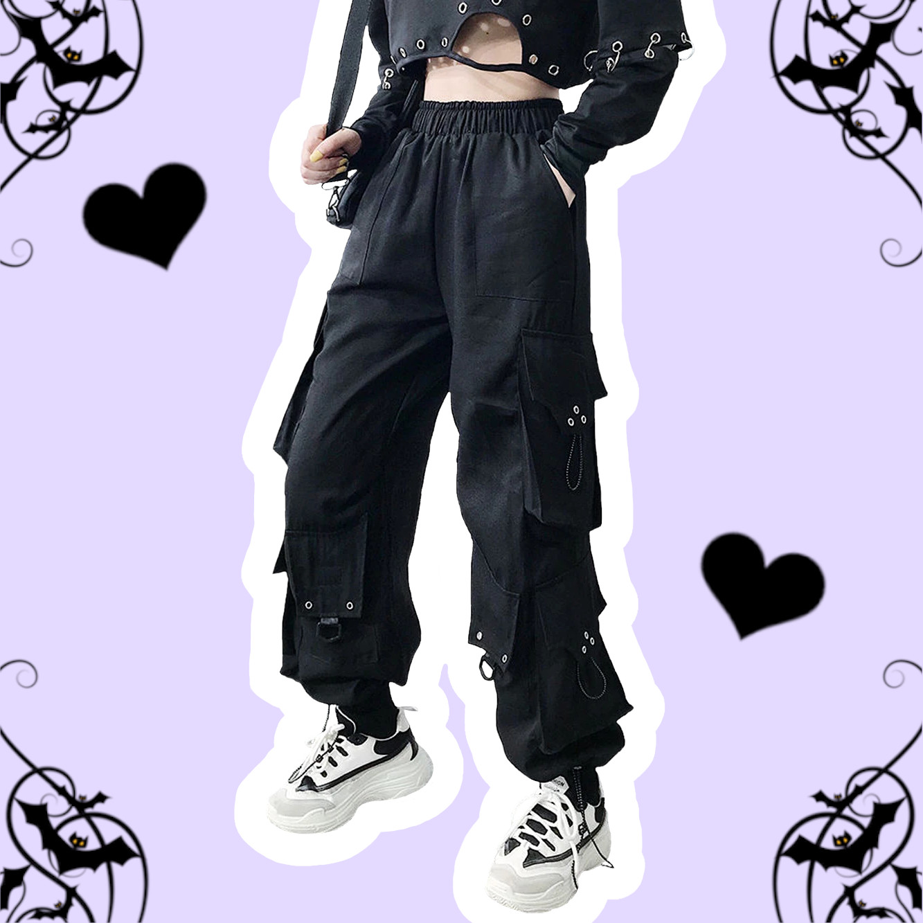 Rebel Warrior Pastel Goth Black High Waisted Chains Pockets Cargo Pants – alternate view