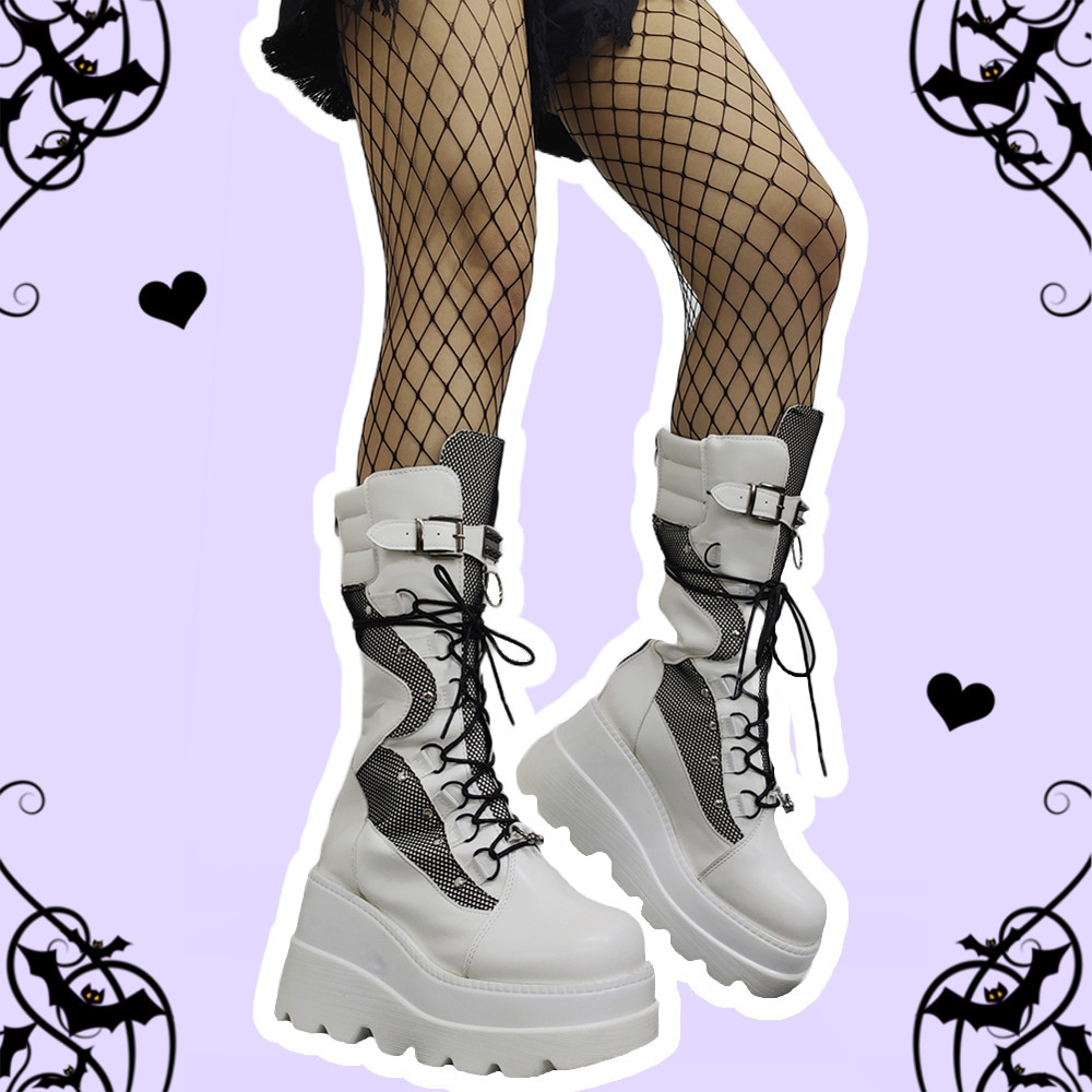 Star Light Pastel Goth White Mid Calf Platform Boots