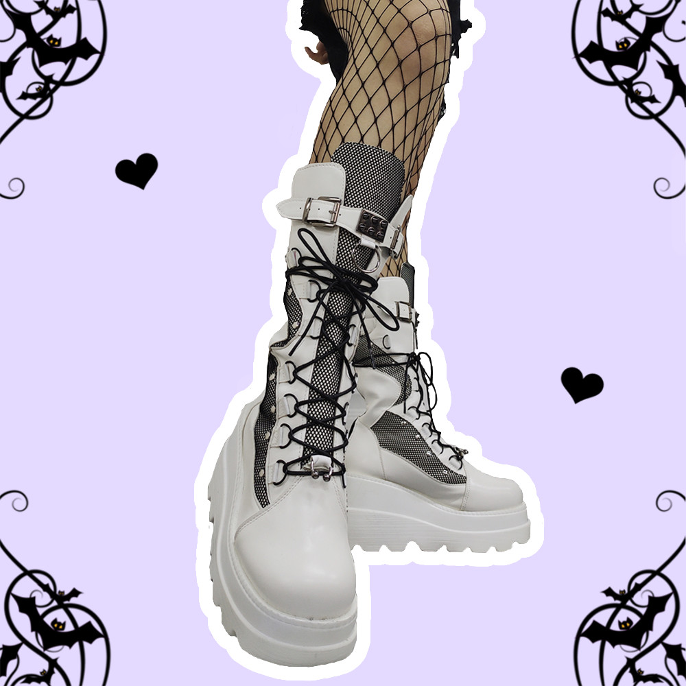 Star Light Pastel Goth White Mid Calf Platform Boots – alternate view