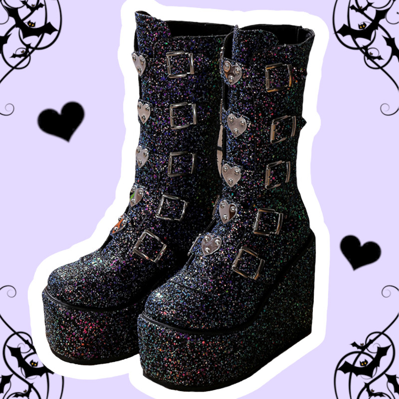Star Dust Pastel Goth Black Glitter Mid-Calf Platform Boots