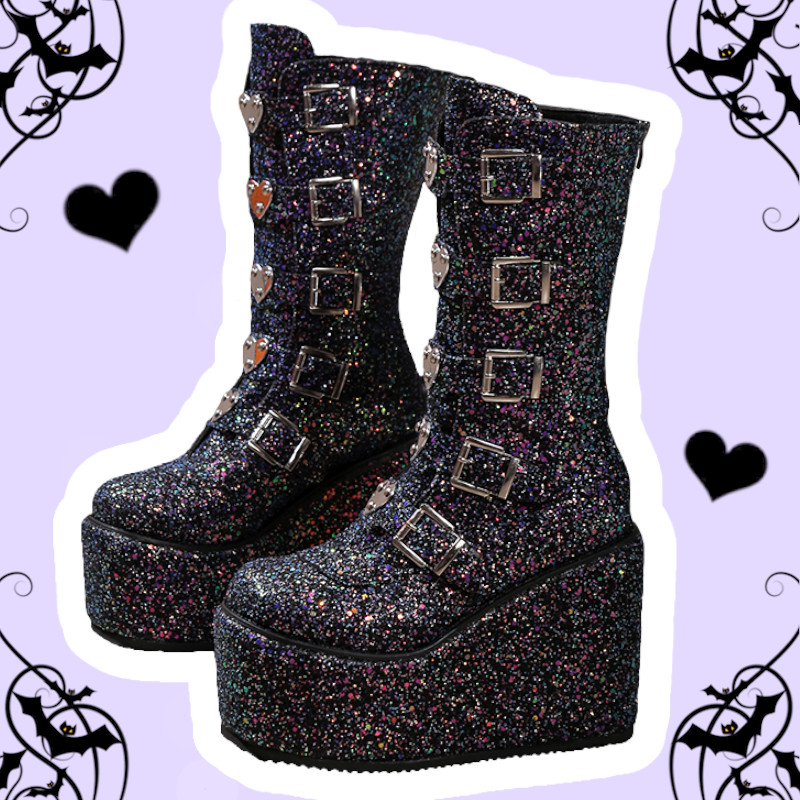 Star Dust Pastel Goth Black Glitter Mid-Calf Platform Boots – alternate view