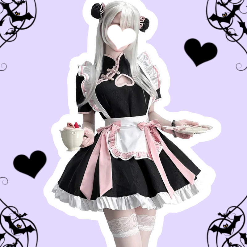 Sweetheart Maid Pastel Goth Black High Waisted Apron Chinese Mini Dress
