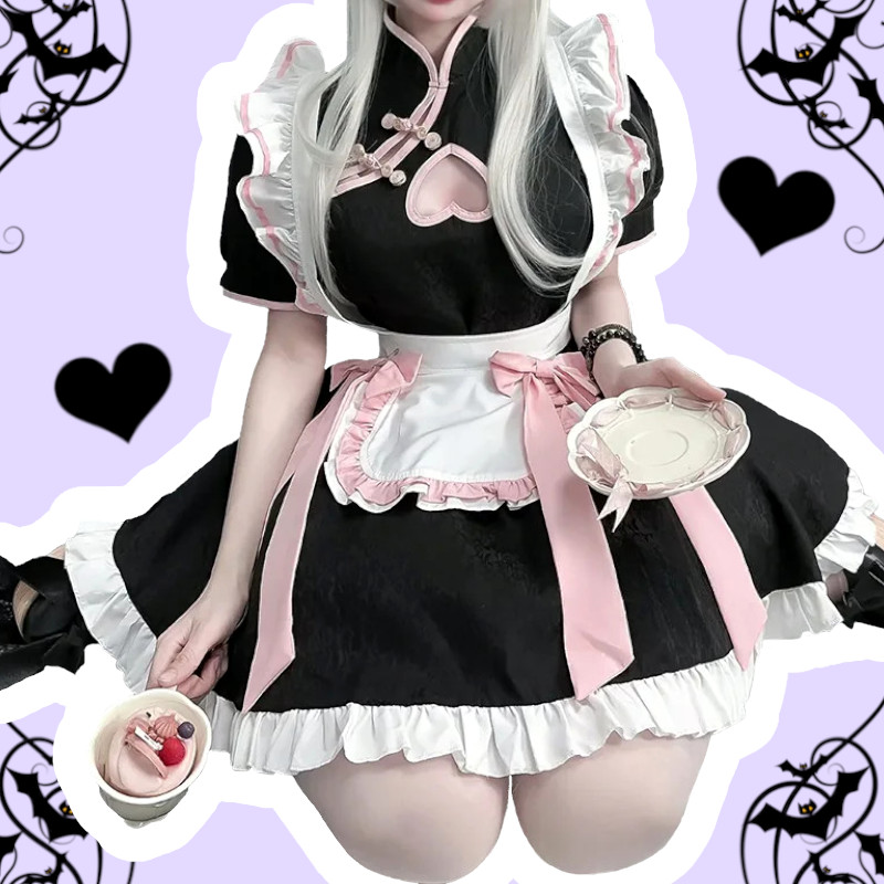 Sweetheart Maid Pastel Goth Black High Waisted Apron Chinese Mini Dress – alternate view