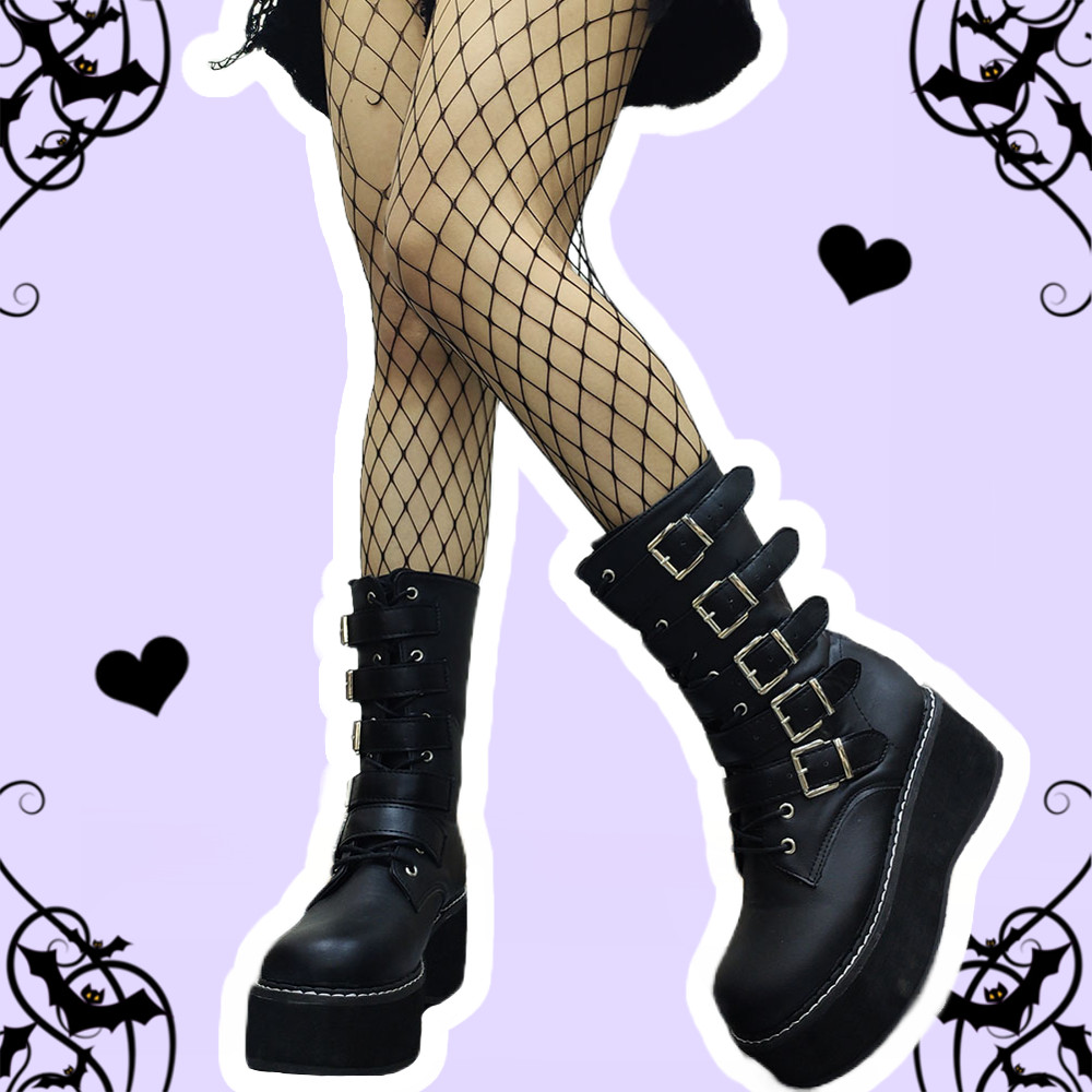 Tessa Go On Pastel Goth Black Buckles Mid Calf Platform Boots