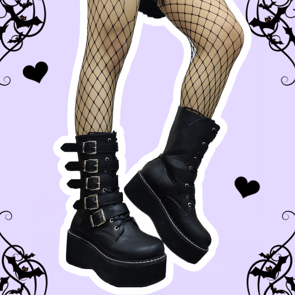 Tessa Go On Pastel Goth Black Buckles Mid Calf Platform Boots – alternate view