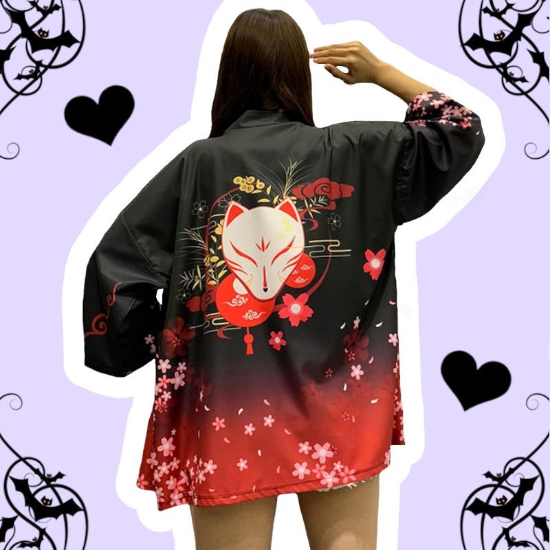White Fox Pastel Goth Black Japanese Printed Cardigan Robe